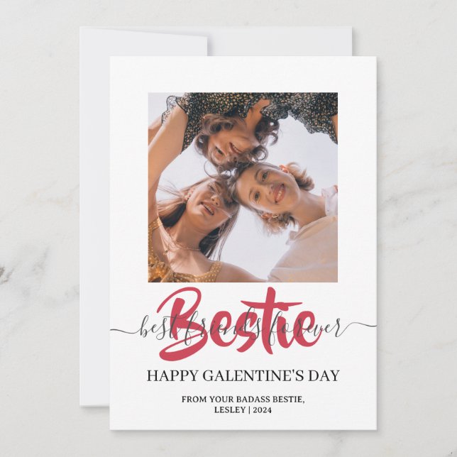 Cute Calligraphy Happy Galentines day bestie Photo Holiday Card (Front)