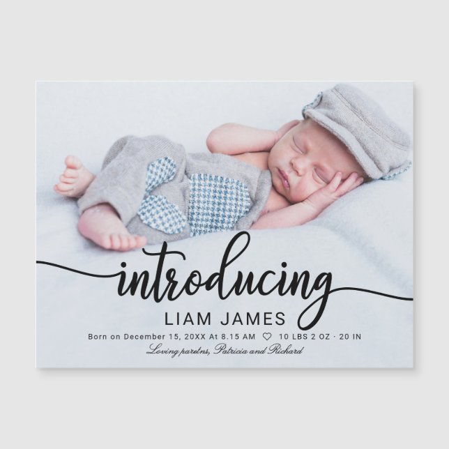 Cute Calligraphy Photo Birth Announcement Cards (Front)