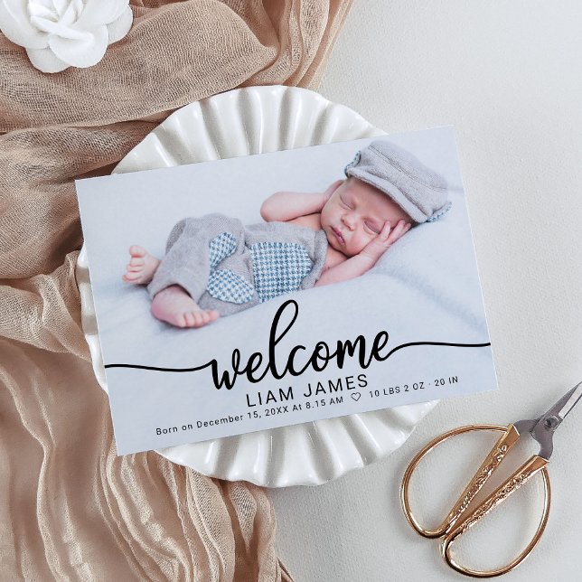 Cute Calligraphy Photo Birth Announcement Cards (Creator Uploaded)