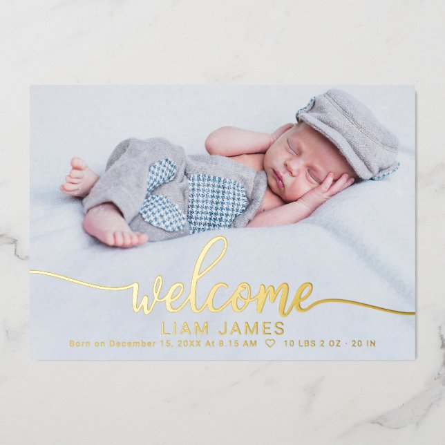 Cute Calligraphy Photo Birth Announcement Cards (Front)
