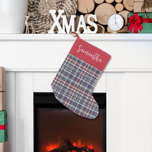 Cute Calligraphy Script Navy Blue Plaid Pattern Small Christmas Stocking