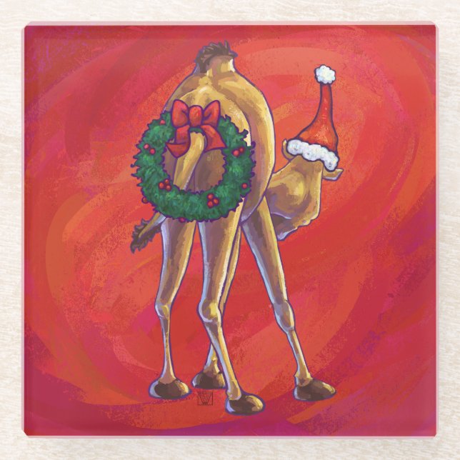 Cute Camel Christmas On Red Glass Coaster (Front)