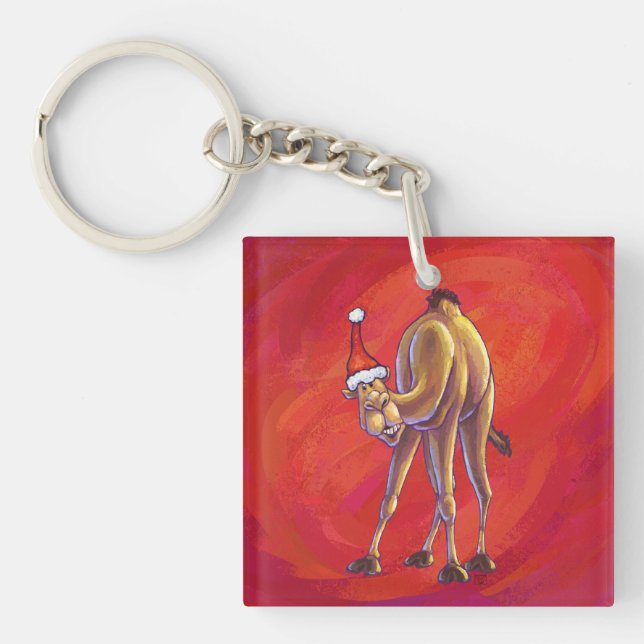Cute Camel Christmas On Red Keychain (Front)