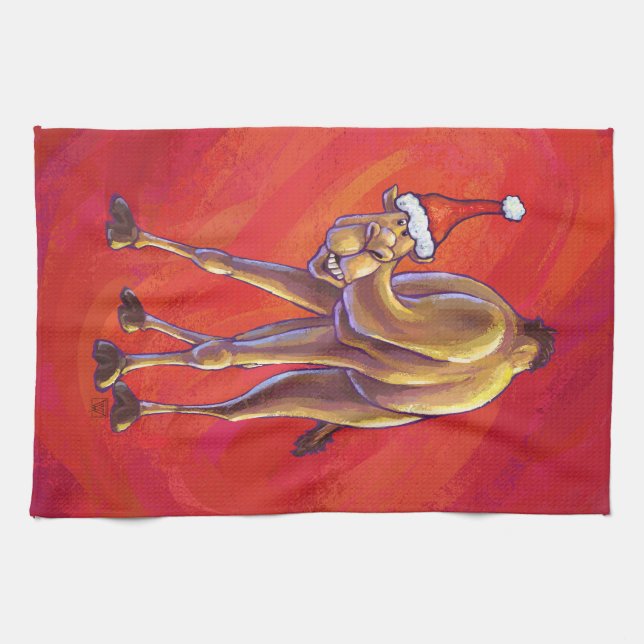 Cute Camel Christmas On Red Kitchen Towel (Horizontal)