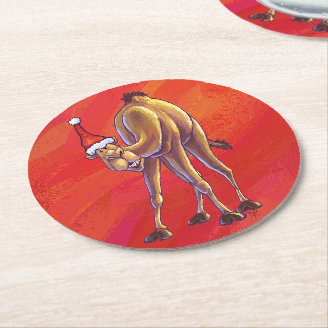 Cute Camel Christmas On Red Round Paper Coaster (Angled)