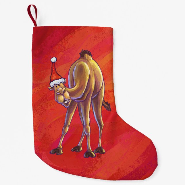 Cute Camel Christmas On Red Small Christmas Stocking (Front)