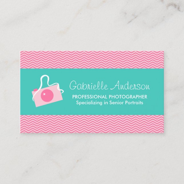 Cute Camera Pink Chevron Professional Photographer Business Card (Front)