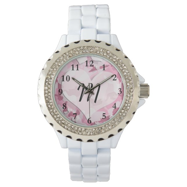Cute Camo and Hearts Personalized Monogram Watch (Front)