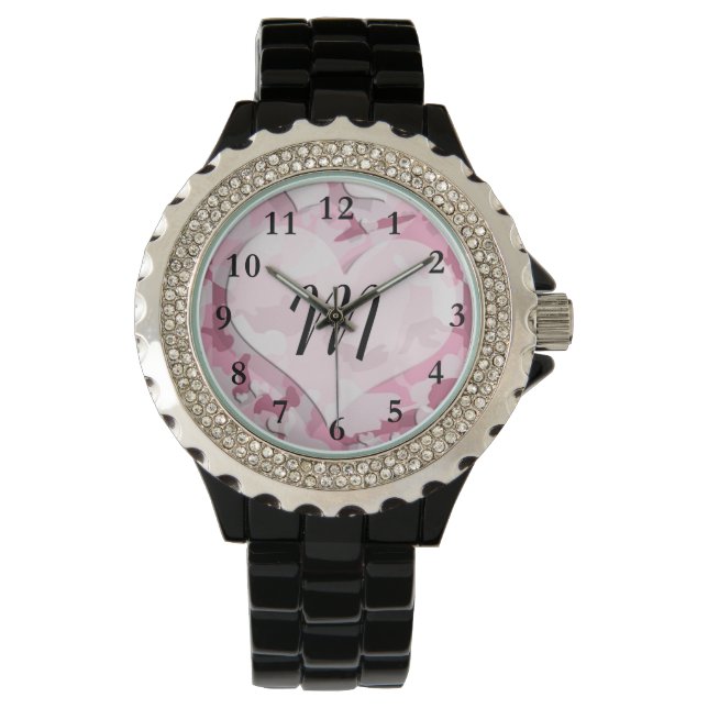 Cute Camo and Hearts Personalized Monogram Watch (Front)