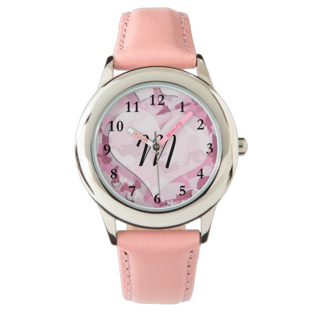 Cute Camo and Hearts Personalized Monogram Watch (Front)