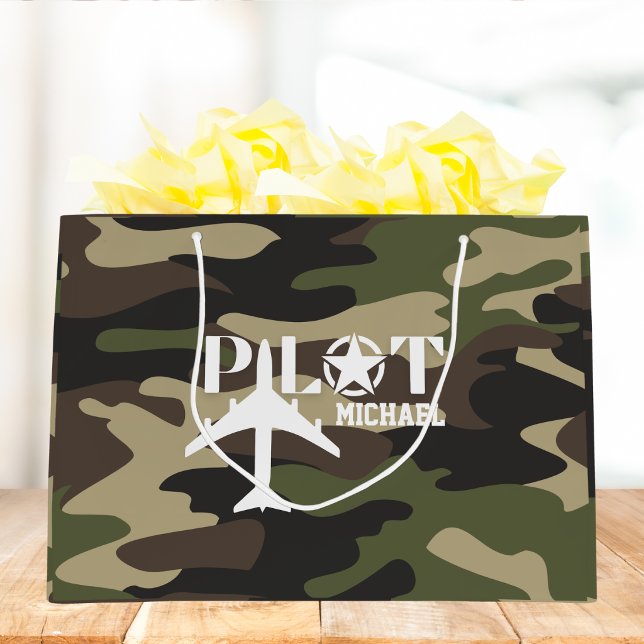 Cute Camouflage Pilot typography, personalized Large Gift Bag (Creator Uploaded)