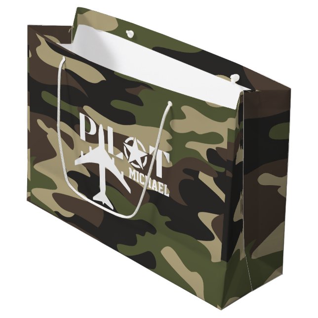 Cute Camouflage Pilot typography, personalized Large Gift Bag (Front Angled)