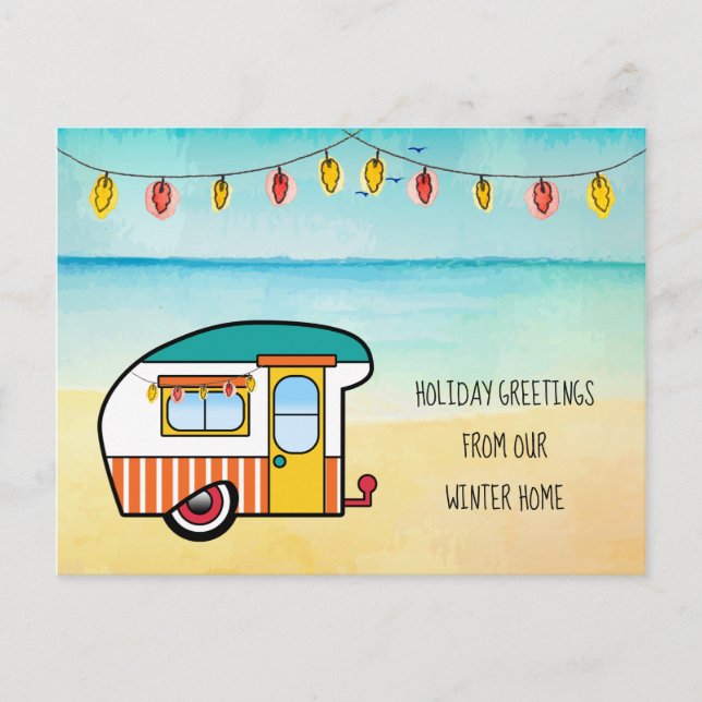 Cute Camper on Beach Winter Home New Address Announcement Postcard (Front)