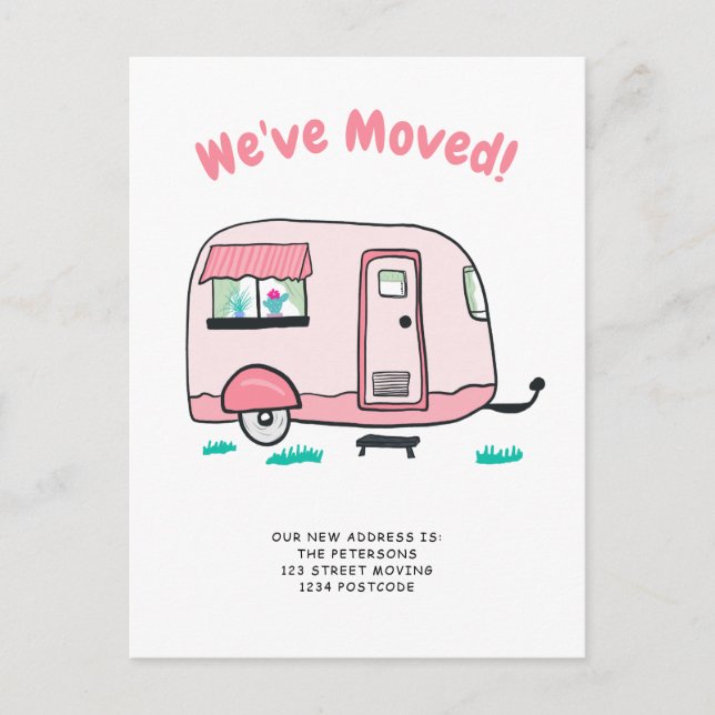 Cute camper van illustration moving announcement (Front)