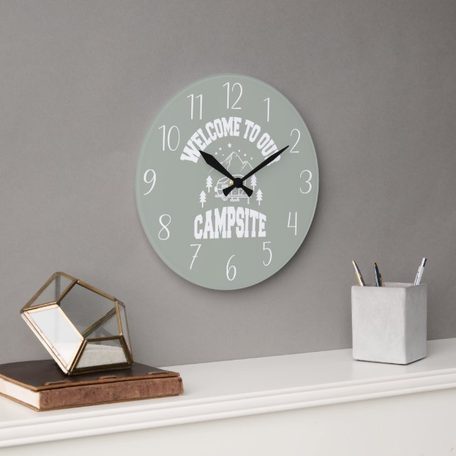 cute camper welcome word art  large clock (Office)