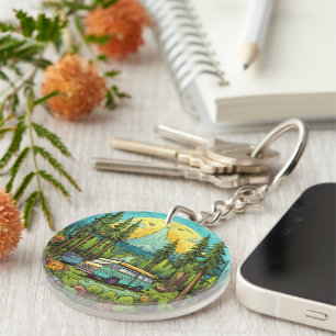 Cute camping lovers scene keychain
