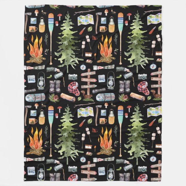 Cute Camping Pattern | Watercolor Illustrations Fleece Blanket (Front)