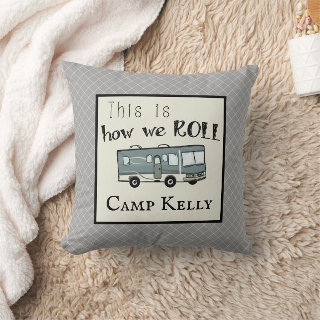 Cute Camping RV "This is How We Roll" Personalized Throw Pillow (Blanket)