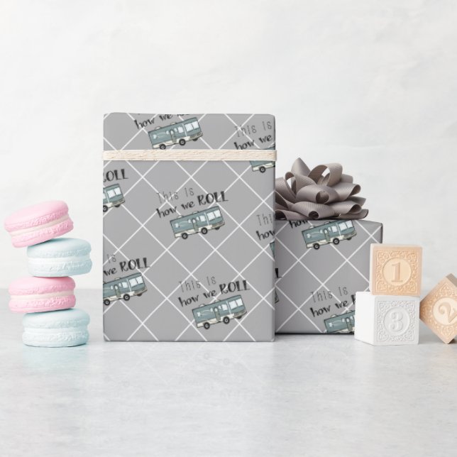 Cute Camping RV "This is How We Roll" Personalized Wrapping Paper (Baby Shower)