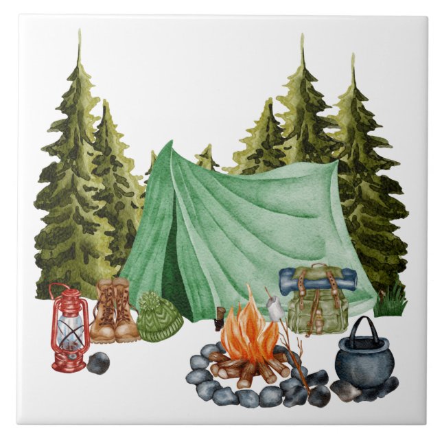 Cute Camping Theme Campfire, Tent, Forest Tile (Front)