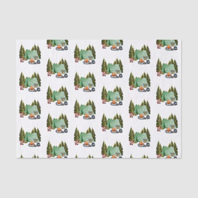 Cute Camping Theme Campfire, Tent, Forest Tiled Tissue Paper (Front)