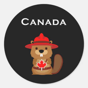 Cute Canada Beaver with Maple Leaf Dark Color Classic Round Sticker
