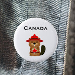 Cute Canada Beaver with Maple Leaf Light-Color 2 Inch Round Button<br><div class="desc">Shows a cute brown cartoon beaver wearing a red hat holding a red Canada maple leaf. The word "Canada" is above the animal in a lovely script text. Lovely souvenir or gift.
Adorable,  patriotic design for kids,  Canadians,  and their visitors. For Canada Day on July 1st.</div>