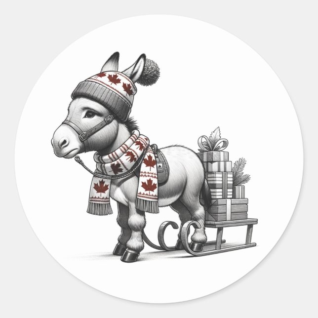 Cute Canadian Christmas Donkey Classic Round Sticker (Front)