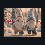 Cute Canadian Gnomes Ice Skating in Snowy Winter  Holiday Postcard<br><div class="desc">This charming photo features two festive gnome figurines standing on tiny ice skates in a snowy winter setting. Each gnome holds a miniature Canadian flag, and their textured knit hats and warm outfits create a cozy, holiday feel. The blurred background of pine trees and warm, glowing light adds a touch...</div>