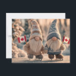 Cute Canadian Gnomes Ice Skating in Snowy Winter  Postcard<br><div class="desc">This charming photo features two festive gnome figurines standing on tiny ice skates in a snowy winter setting. Each gnome holds a miniature Canadian flag, and their textured knit hats and warm outfits create a cozy, holiday feel. The blurred background of pine trees and warm, glowing light adds a touch...</div>