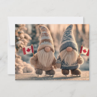 Cute Canadian Gnomes Ice Skating in Snowy Winter  Postcard