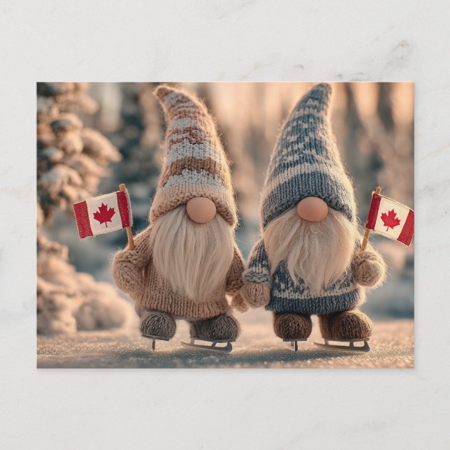 Cute Canadian Gnomes Ice Skating in Snowy Winter  Postcard (Front)