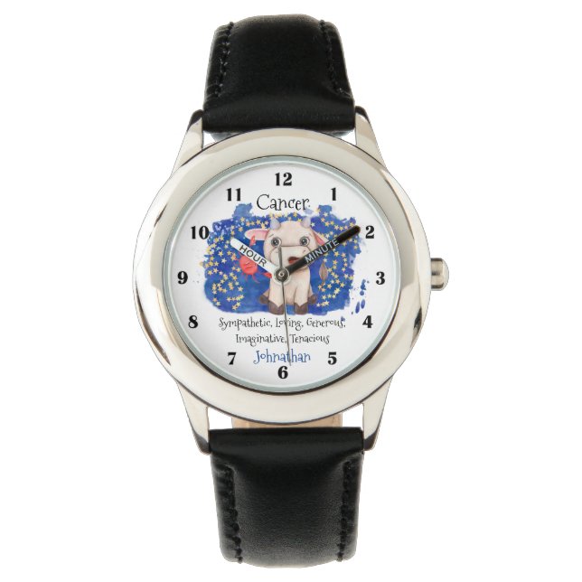 Cute Cancer Crab Watercolor Bull Zodiac Watch (Front)