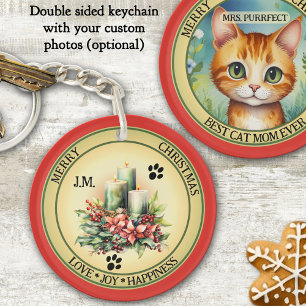 Cute Candles Cat Christmas Double Sided Keychain