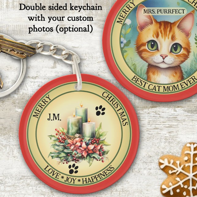 Cute Candles Cat Christmas Double Sided Keychain (Keychain featuring a fun watercolor Christmas candle with paw prints and a cute cat illustration)