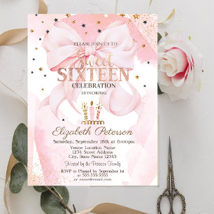 Cute Candles Stars Pink Bow Sweet 16  Invitation