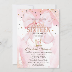 Cute Candles Stars Pink Bow Sweet 16  Invitation