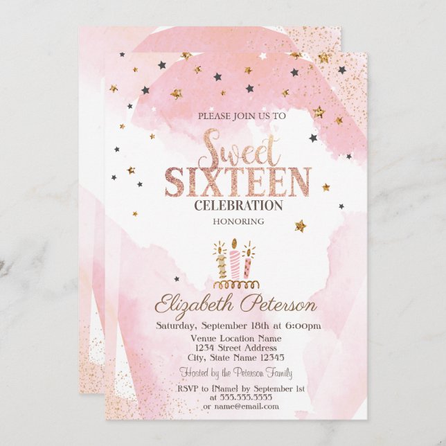 Cute Candles Stars Sweet 16 Invitation (Front/Back)