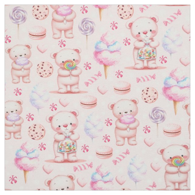 Cute Candy Bear and Sweets Seamless Pattern Fabric (Swatch)