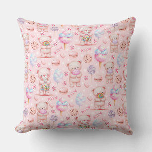 Cute Candy Bear and Sweets Seamless Pattern Throw Pillow