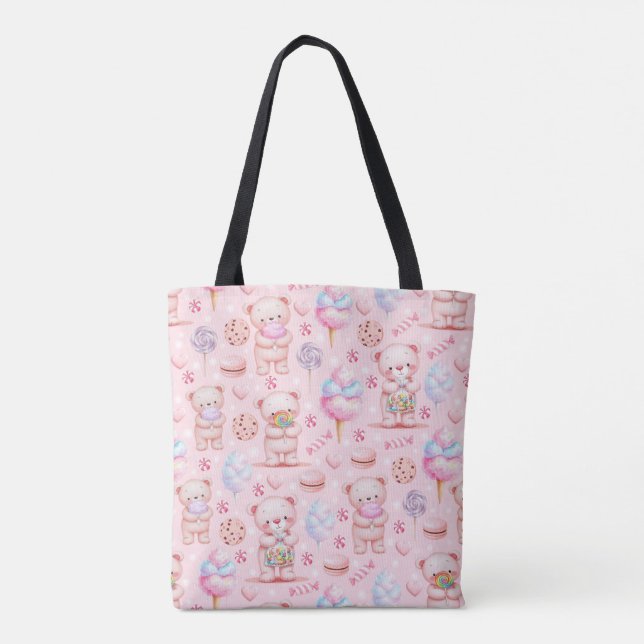 Cute Candy Bear and Sweets Seamless Pattern Tote Bag (Back)