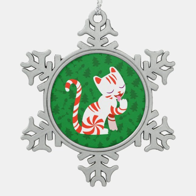 Cute Candy Cane Cat Snowflake Pewter Christmas Ornament (Front)