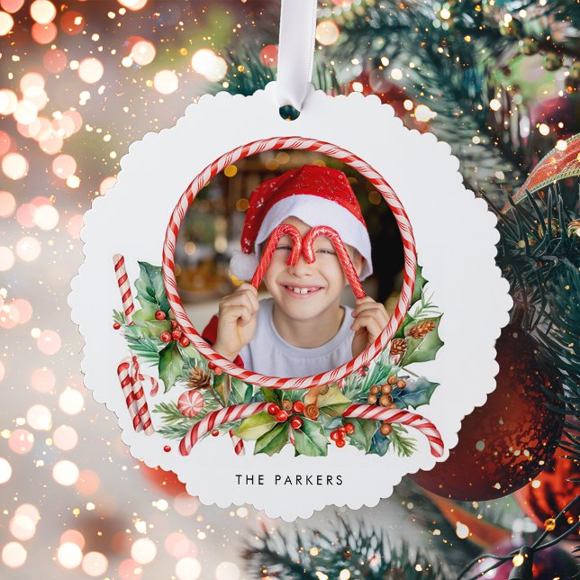Cute Candy Cane & Christmas Floral Photo Ornament Card (Creator Uploaded)