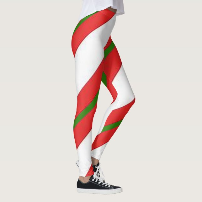 Cute Candy Cane Red White and Green Christmas Leggings (Right)