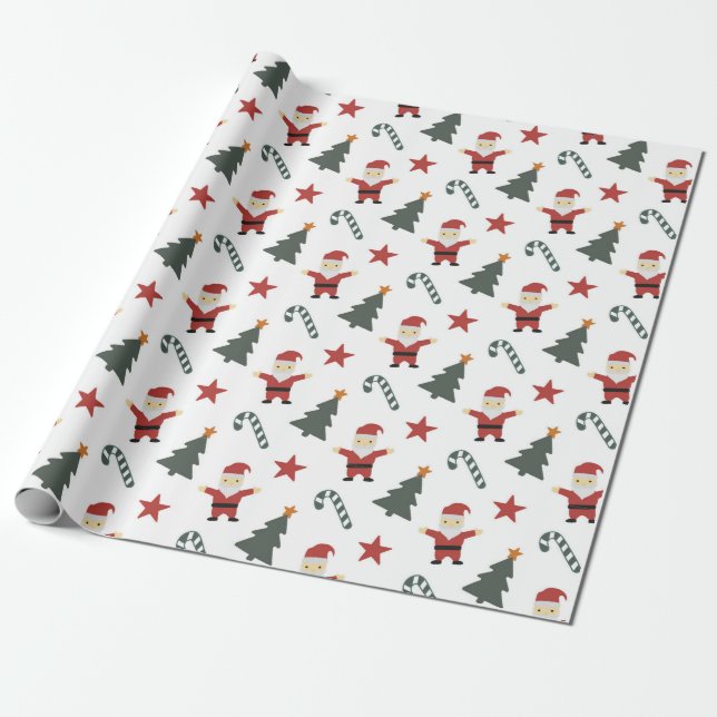 Cute Candy Cane Santa Christmas Tree Wrapping Paper (Unrolled)