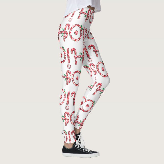 Cute Candy Cane Text Design with the Word HO! Leggings (Right)