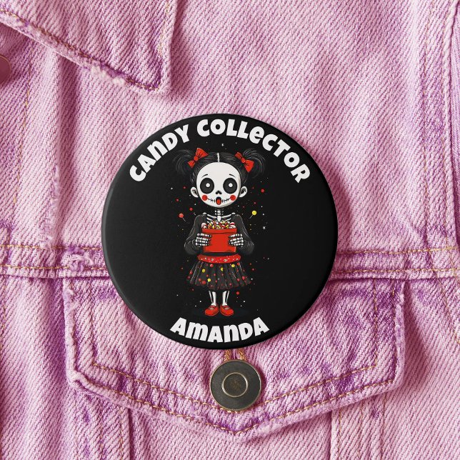 Cute Candy Collector Skeleton Girls Halloween 3 Inch Round Button (Cute Candy Colloector Skeleton Girls Halloween Button)