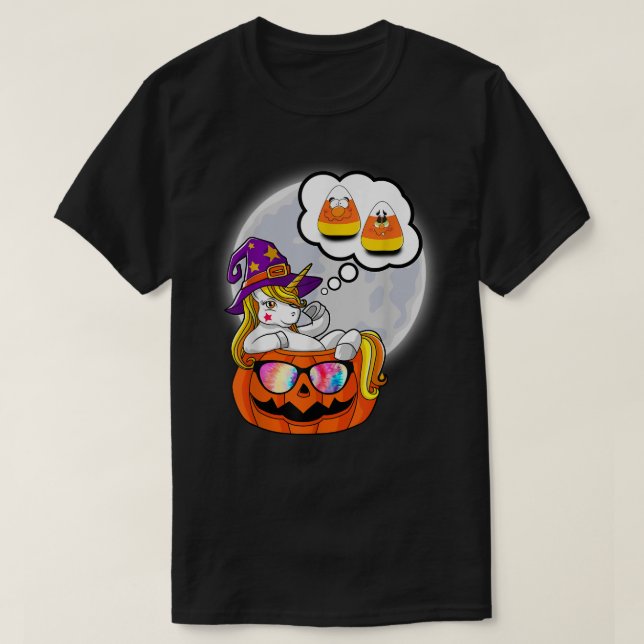 Cute Candy Corn Unicorn pumpkin rainbows Halloween T-Shirt (Design Front)
