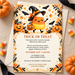 Cute Candy Corn Witch Halloween Party Invitation