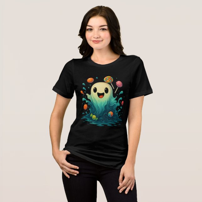 Cute Candy Ghost Halloween Illustration Tri-Blend Shirt (Front Full)
